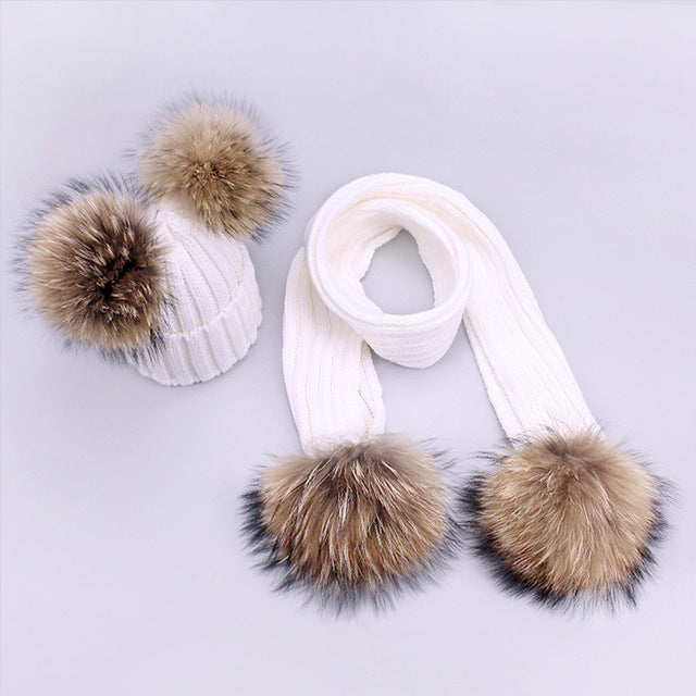 Children's Double Hair Ball Woolen Hat Scarf Set