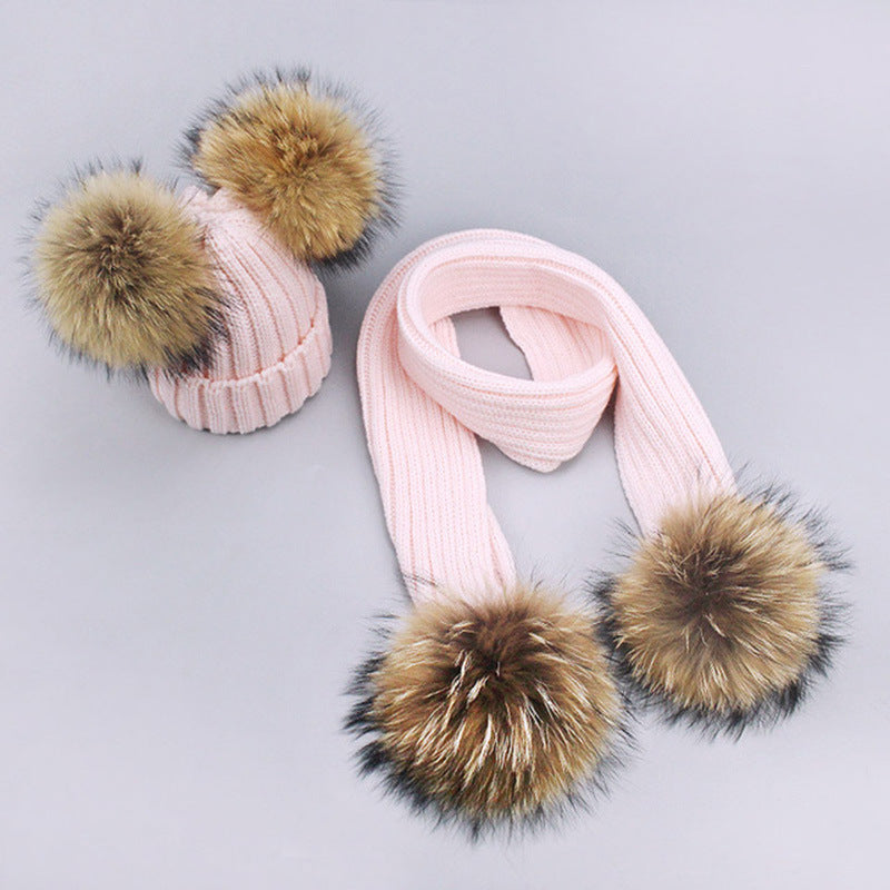 Children's Double Hair Ball Woolen Hat Scarf Set