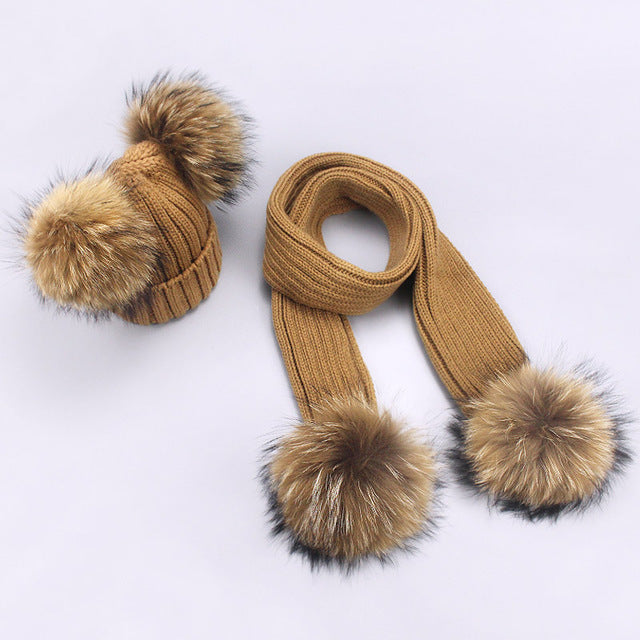 Children's Double Hair Ball Woolen Hat Scarf Set